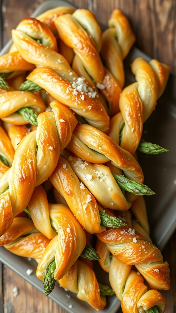 Golden-brown asparagus puff pastry twists on a rustic platter, garnished with Parmesan and herbs.